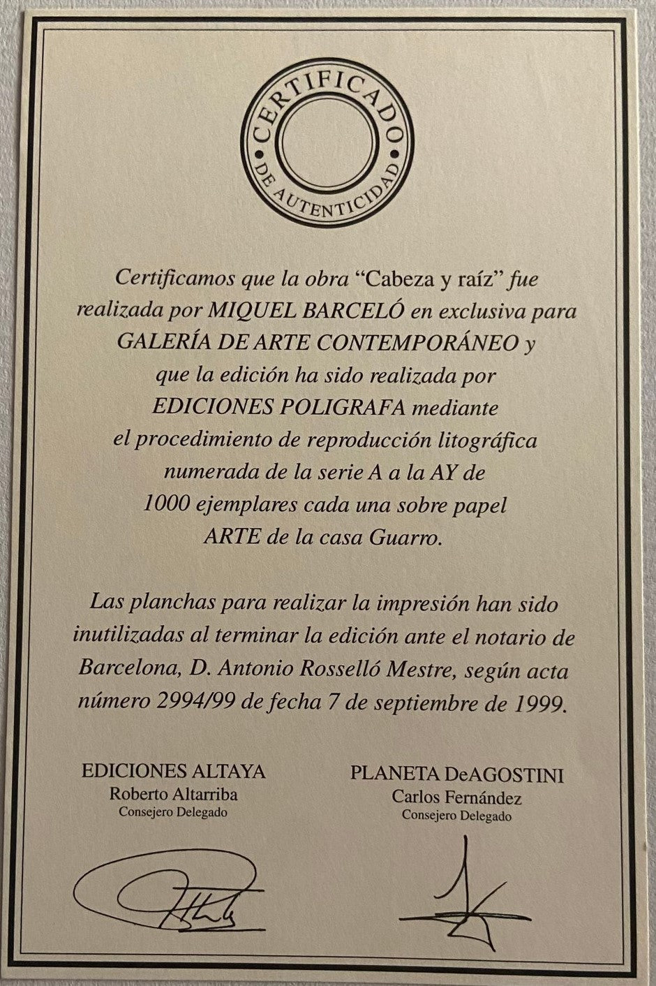 Miquel BARCELÓ.  Cabeza y raíz, 1999. Litografía original numerada